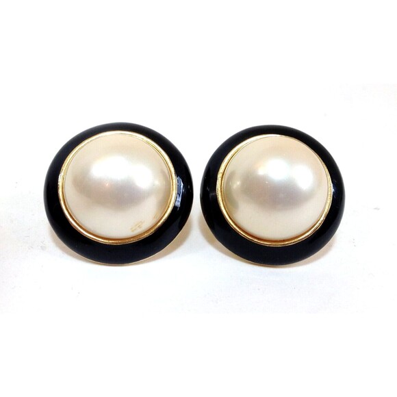 Vintage Beautiful Pearl Black and  Gold Tone Costume Jewelry Costume Earrings - Picture 1 of 4